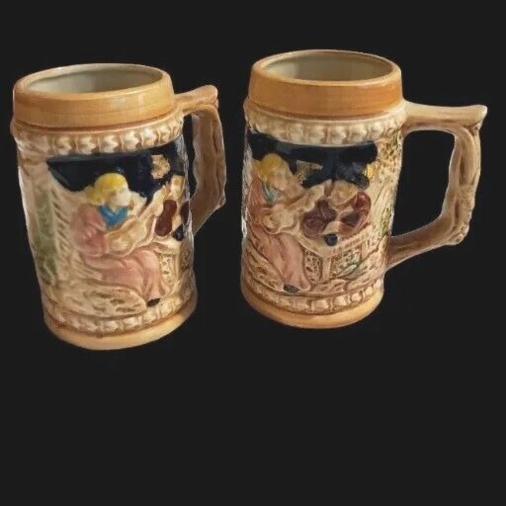 Vintage Ceramic  German Style Beer Stein Lot of 2 Japan Brown Multicolor Bar 5"